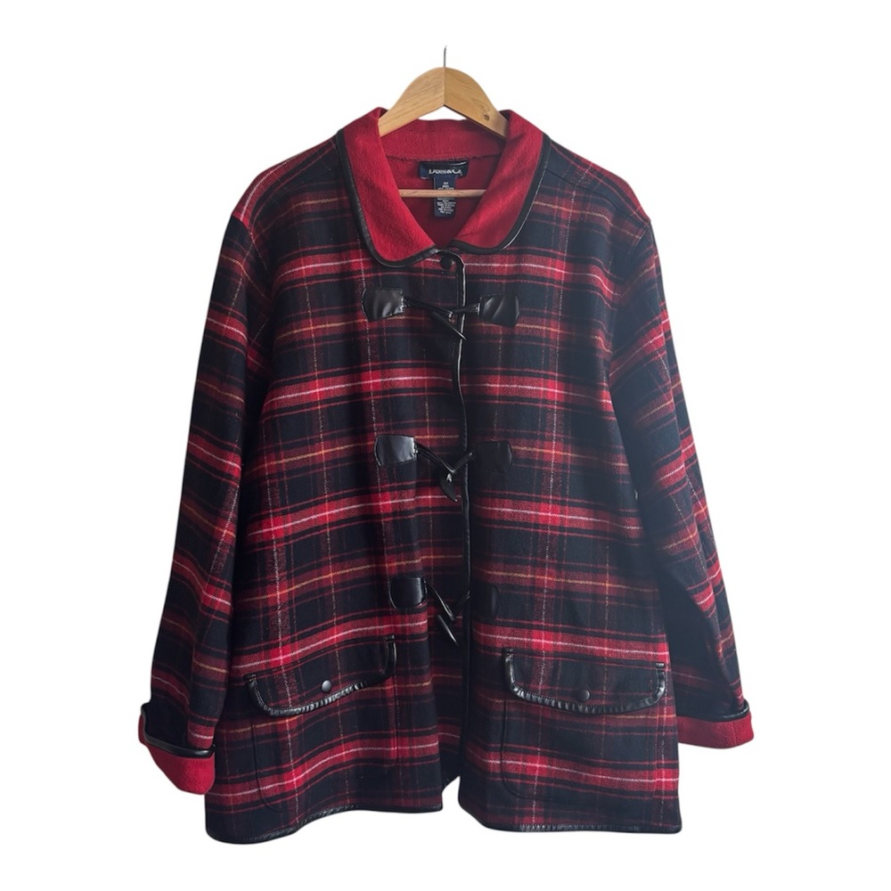 VTG Denim & Co Red Buffalo Plaid Toggle Barn Jacket Coat Size 3X Soft Cozy Chic